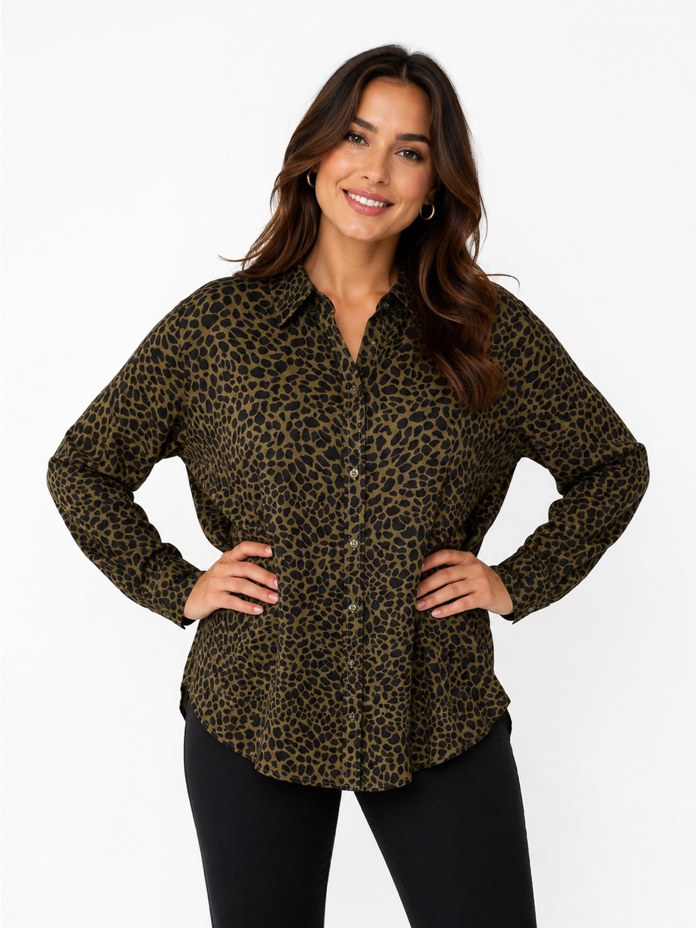 Apt. 9 Olive and Black Leopard-Print Button Down Shirt